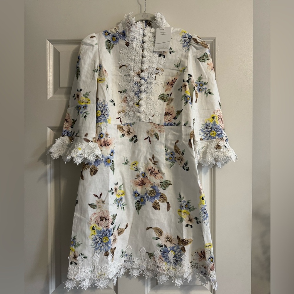 Zimmermann APPLIQUE MINI DRESS Blue White Floral Size 1 - Picture 2 of 5
